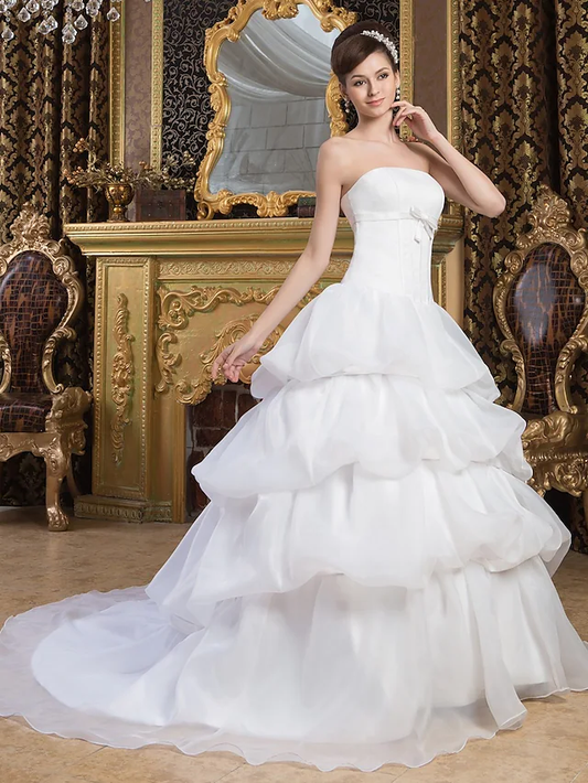 Ball Gown Wedding Dresses Strapless Court Train Organza Satin Strapless with Pick Up Skirt