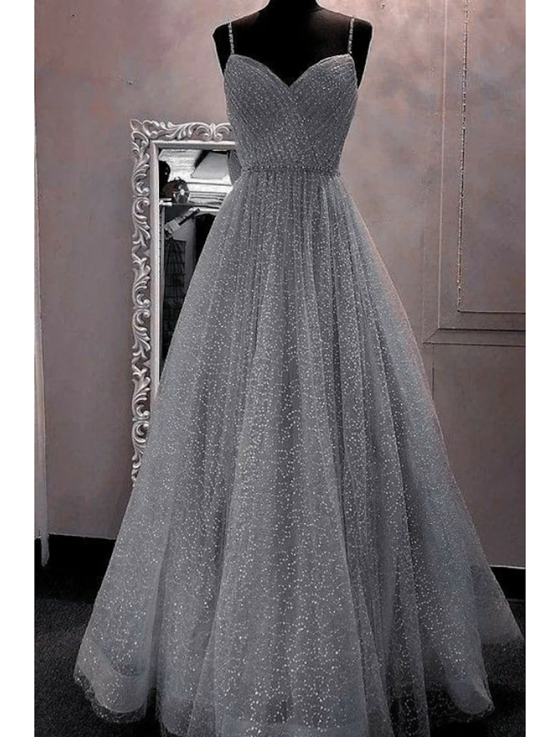 A-Line Prom Dresses Sparkle & Shine Dress Party Wear Floor Length Sleeveless Spaghetti Strap Tulle