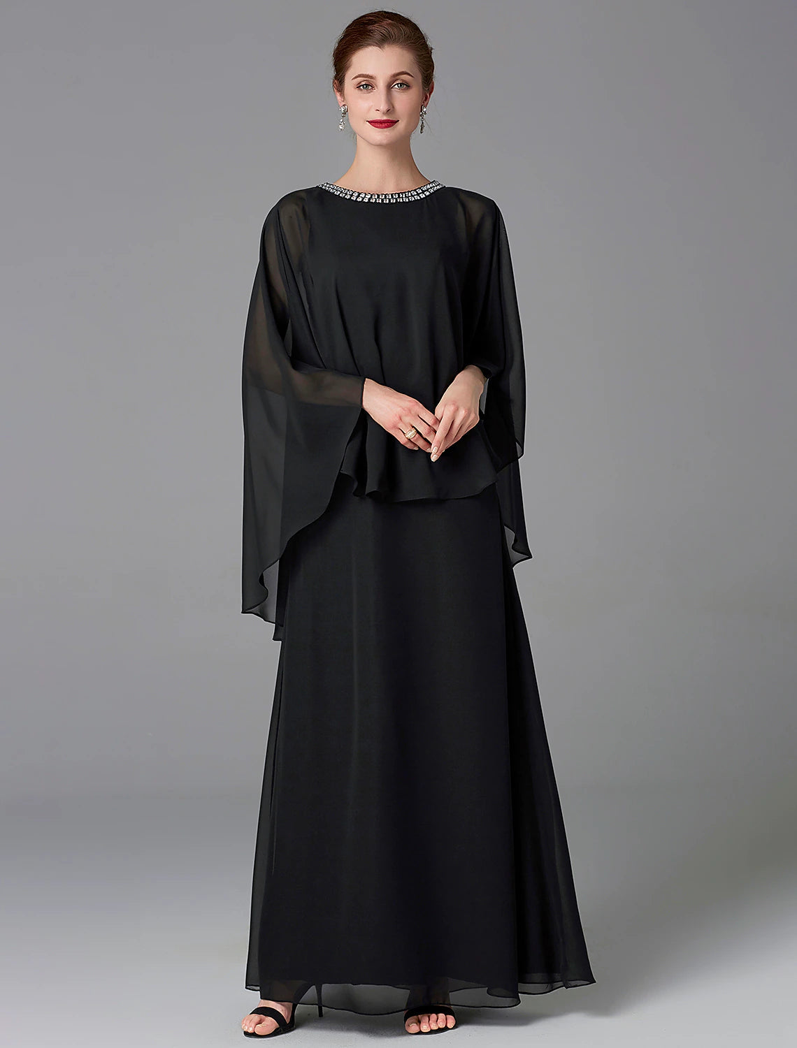 A-Line Mother of the Bride Dress Wedding Guest Elegant Cape Dress Plus Size Jewel Neck Floor Length Chiffon Sleeveless