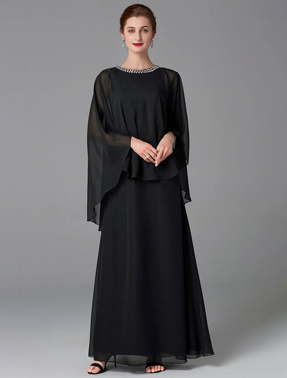A-Line Mother of the Bride Dress Wedding Guest Elegant Cape Dress Plus Size Jewel Neck Floor Length Chiffon Sleeveless