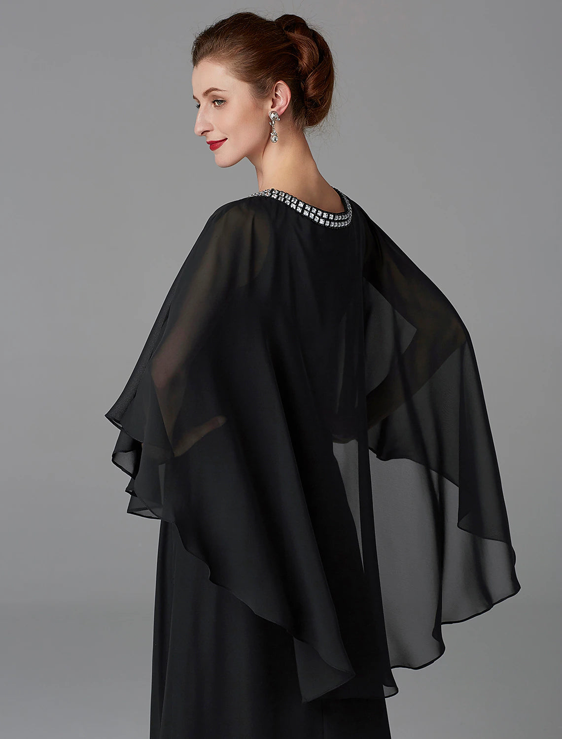 A-Line Mother of the Bride Dress Wedding Guest Elegant Cape Dress Plus Size Jewel Neck Floor Length Chiffon Sleeveless
