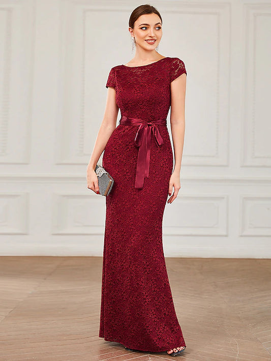 Mermaid / Trumpet Evening Gown Vintage Dress Formal Floor Length Short Sleeve Jewel Neck Lace V Back