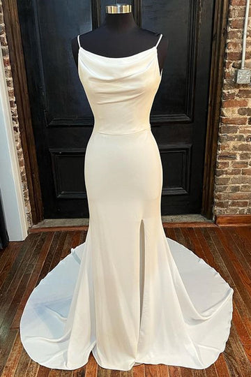 White Cowl Neck Backless Mermaid Long Wedding Dress with Slit Pure Color