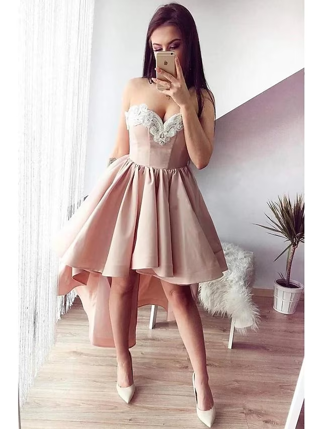 A-Line Cocktail Dresses Party Dress Homecoming Asymmetrical Sleeveless Sweetheart Satin Backless