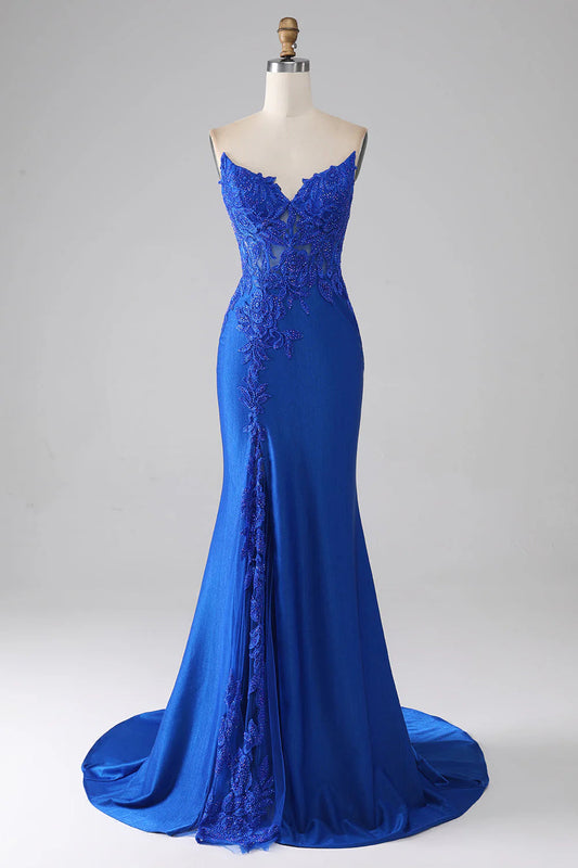 Mermaid Strapless Long Beaded Prom Dress With Appliques Pure Color