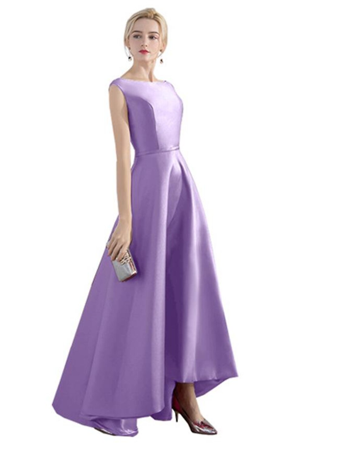 A-Line Evening Gown Elegant Minimalist Dress Party Wear Wedding Guest Asymmetrical Sleeveless Jewel Neck Satin