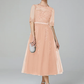 A-Line Sparkle Wedding Guest Formal Evening Dress Illusion Neck Sleeveless Tea Length Lace Over Tulle with Sequin