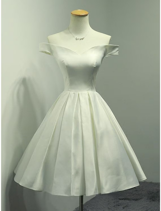 A-Line Minimalist Elegant Engagement Cocktail Party Dress Off Shoulder Sleeveless Knee Length Satin