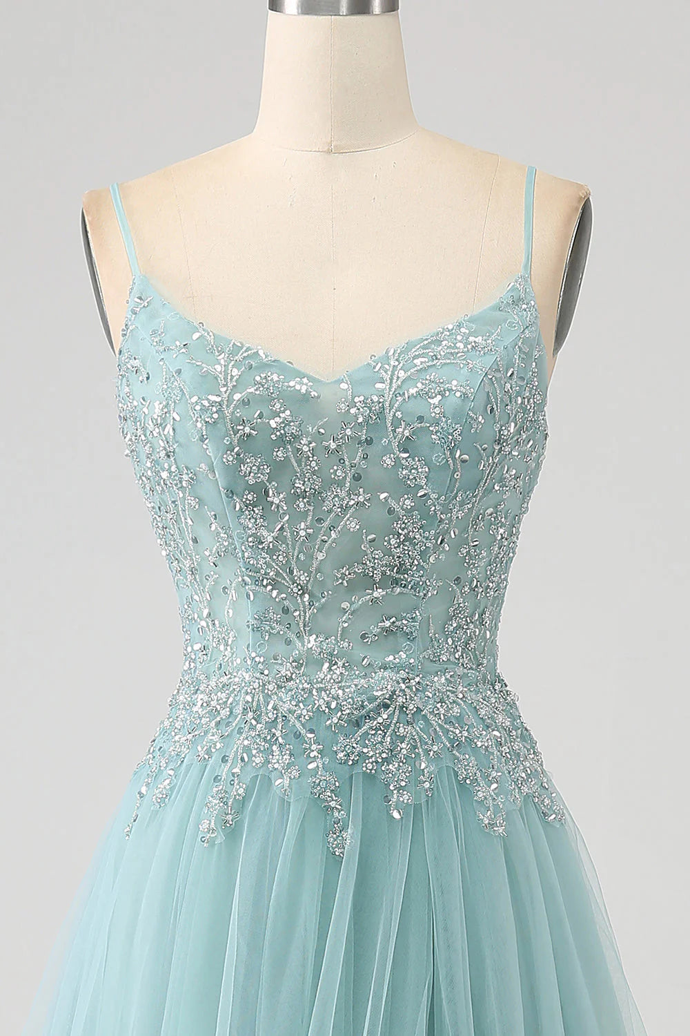 A-Line Sequin Applique Corset Prom Dress With Slit Pure Color Sexy