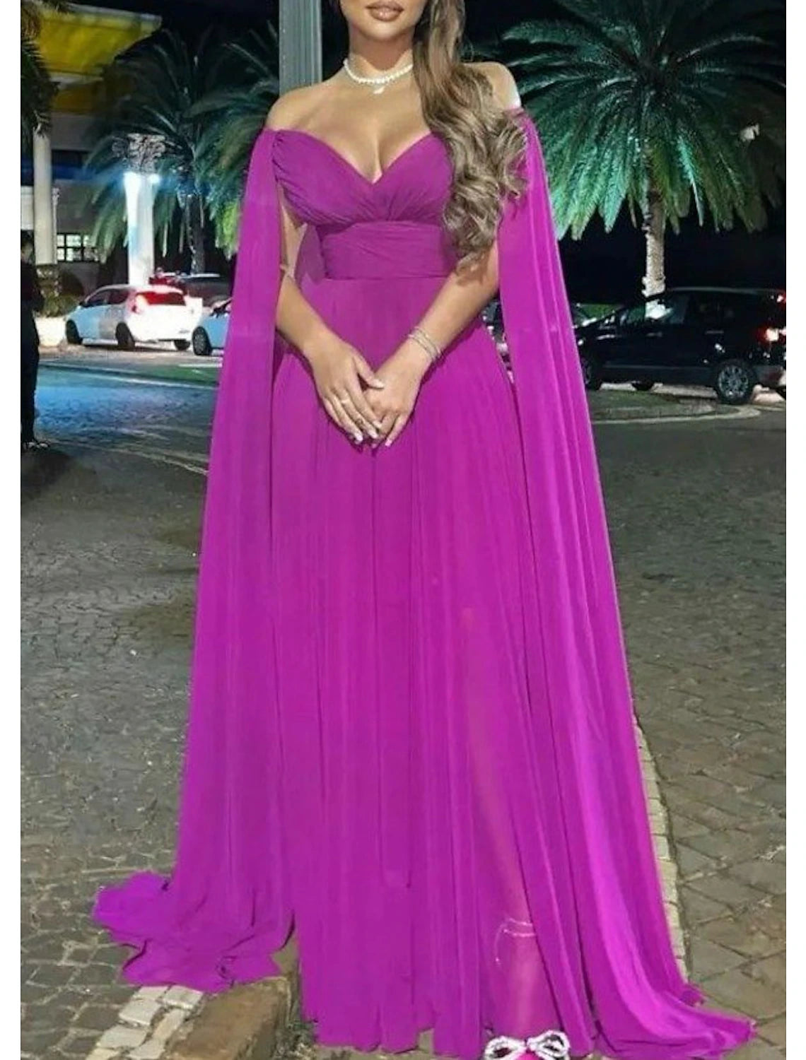 A-Line Evening Gown Elegant Dress Formal Sweep / Brush Train Sleeveless Off Shoulder Capes Chiffon