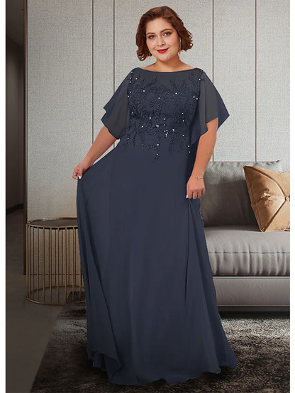 A-Line Mother of the Bride Dress Plus Size Elegant Jewel Neck Floor Length Chiffon Lace Half Sleeve