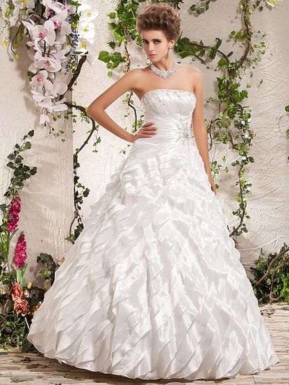 Ball Gown Wedding Dresses Strapless Floor Length Taffeta Sleeveless with Beading Cascading Ruffle