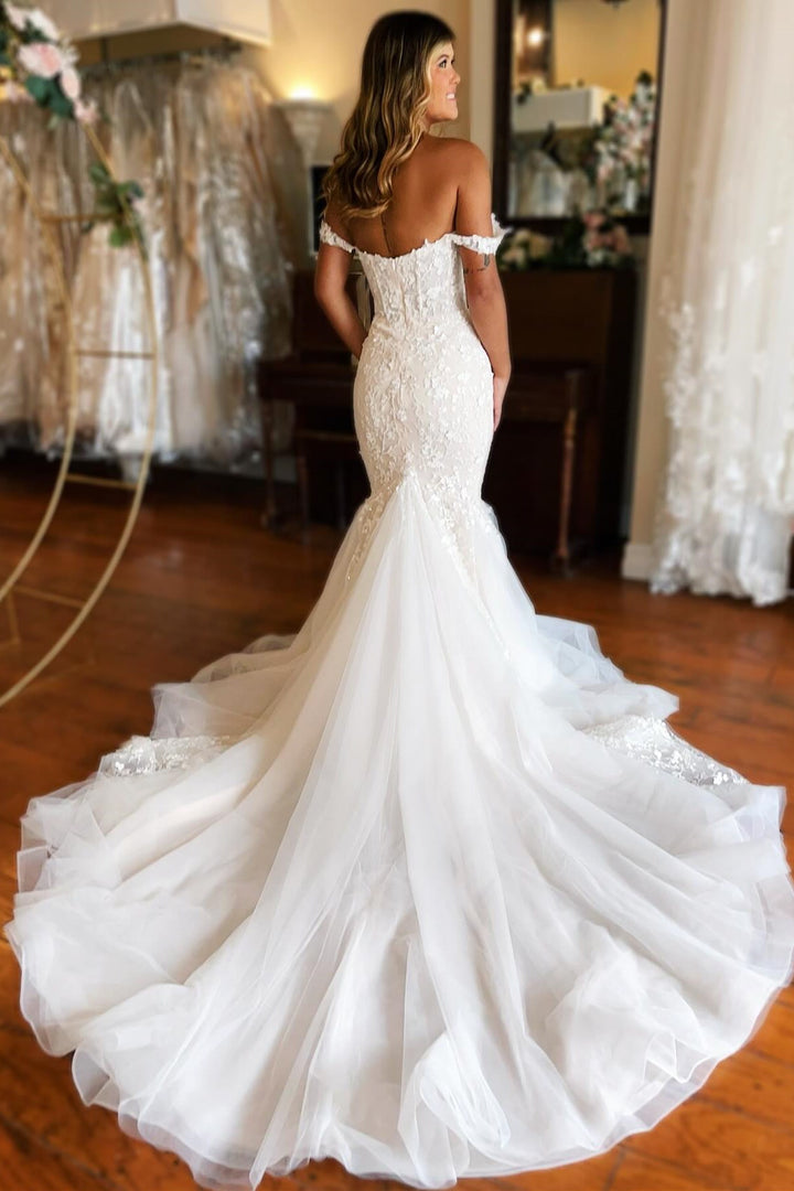 White Lace Off-the-Shoulder Trumpet Wedding Dress Sexy