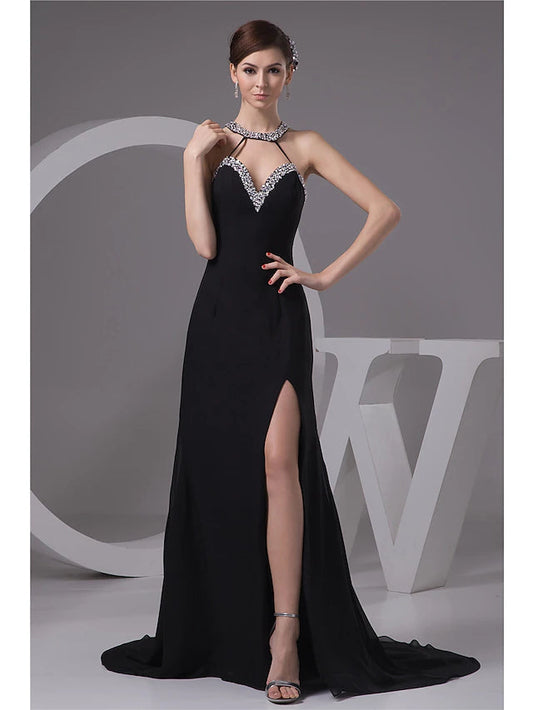 Mermaid / Trumpet Evening Gown Sexy Dress Engagement Court Train Sleeveless Halter Chiffon with Beading