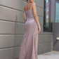Elegant Woven Satin Ruched Spaghetti Straps Sleeveless Dresses Party Dresses With Slit