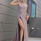 Elegant Woven Satin Ruched Spaghetti Straps Sleeveless Dresses Party Dresses With Slit