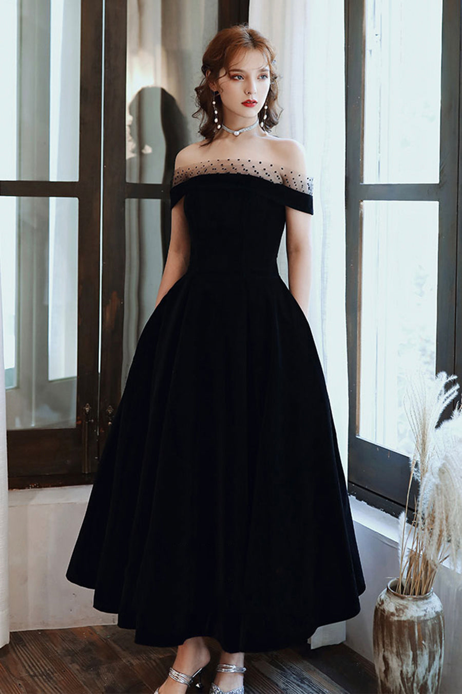 Cute Velvet A-Line Tea Length Prom Dresses Black Party Dresses Off Shoulder