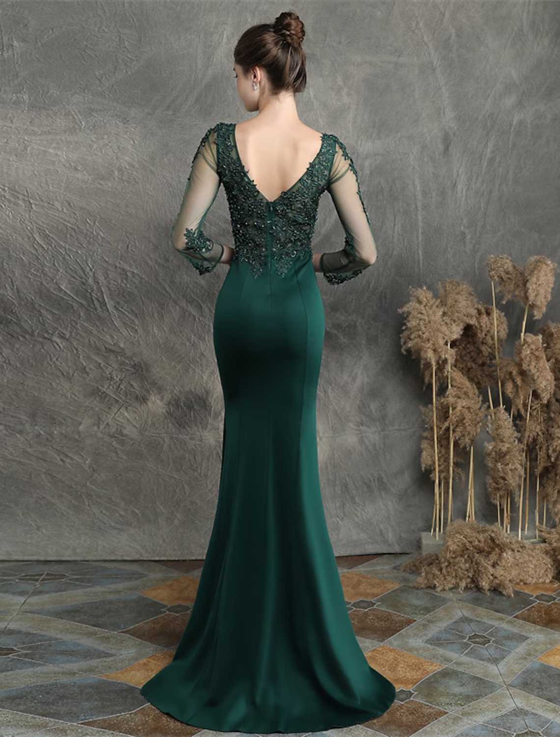 Mermaid / Trumpet Prom Dresses Elegant Dress Formal Sweep / Brush Train Long Sleeve V Neck Cotton Blend with Beading