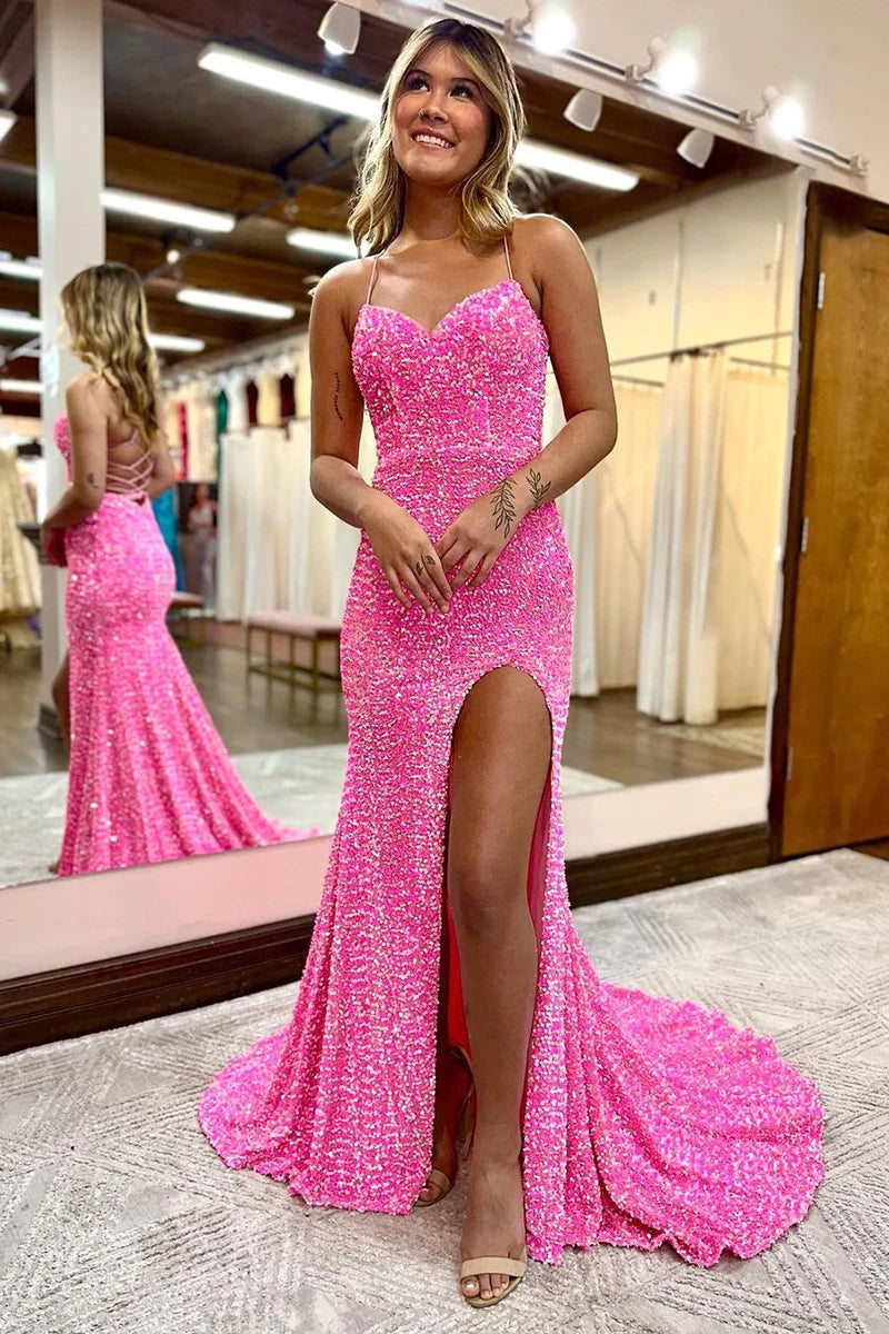 Mermaid / Trumpet Prom Dresses Sparkle & Shine Dress Wedding Guest Party Wear Floor Length Sleeveless Spaghetti Strap Sequined