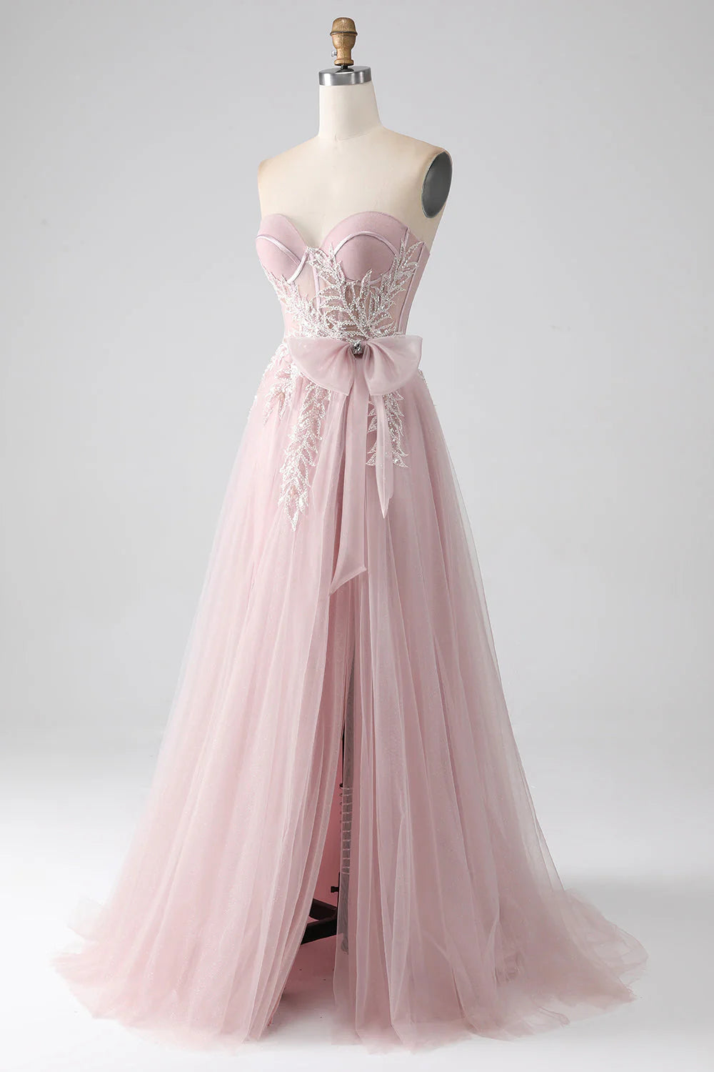 A Line Strapless Tulle Prom Dress Off Shoulder Long With Bow(s)