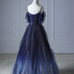 Blue Gradient Tulle Long Prom Dress Beautiful Spaghetti Strap Evening Party Dress Sexy