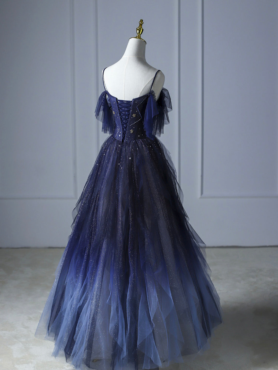 Blue Gradient Tulle Long Prom Dress Beautiful Spaghetti Strap Evening Party Dress Sexy