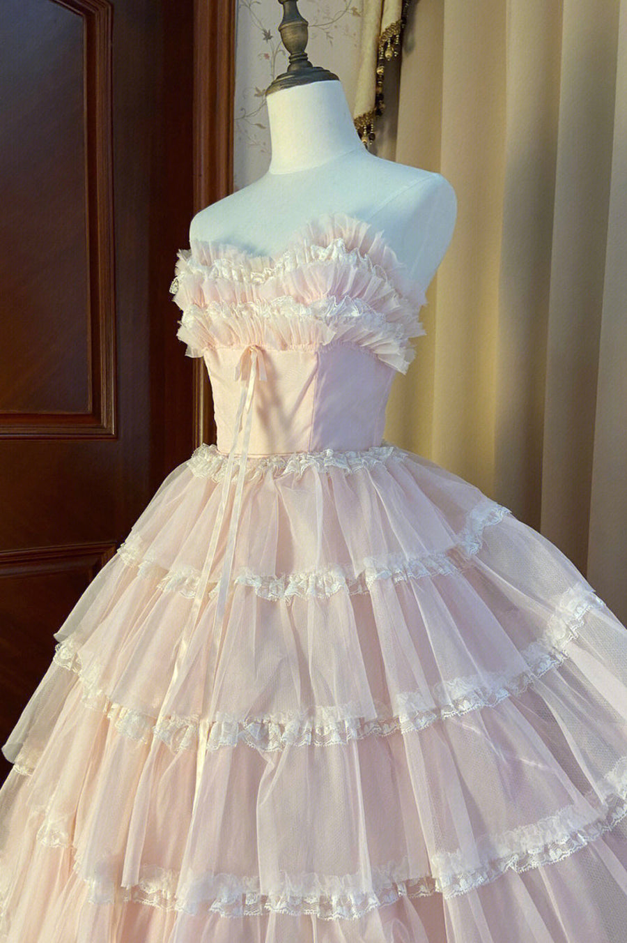 Pink Strapless Layers Tulle Long Party Dress Glam Prom Dress Formal Gown Off Shoulder