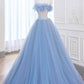 A-Line Tulle Lace Long Prom Dress Blue