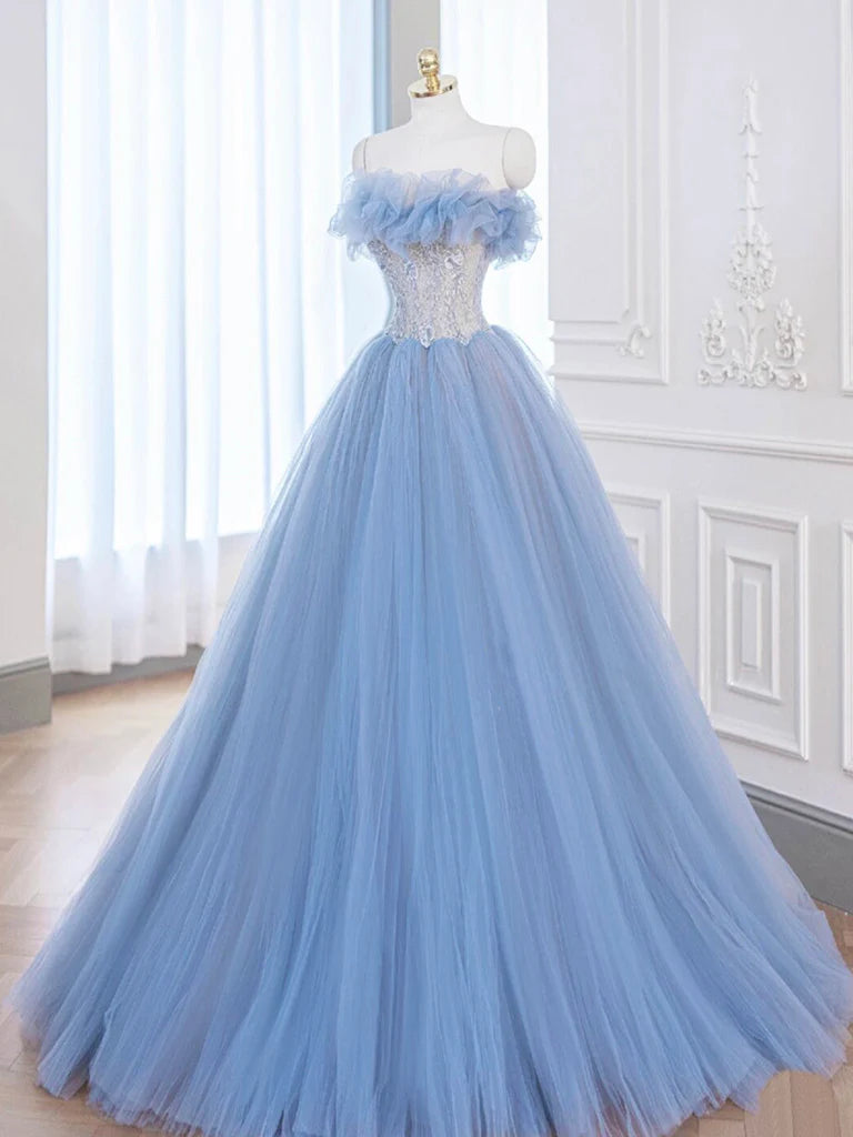 A-Line Tulle Lace Long Prom Dress Blue