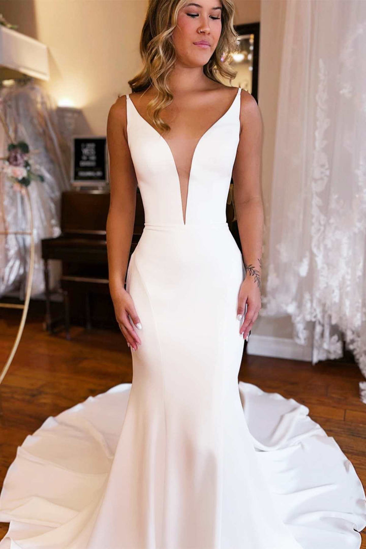 White Plunge V Backless Mermaid Long Wedding Dress Sexy