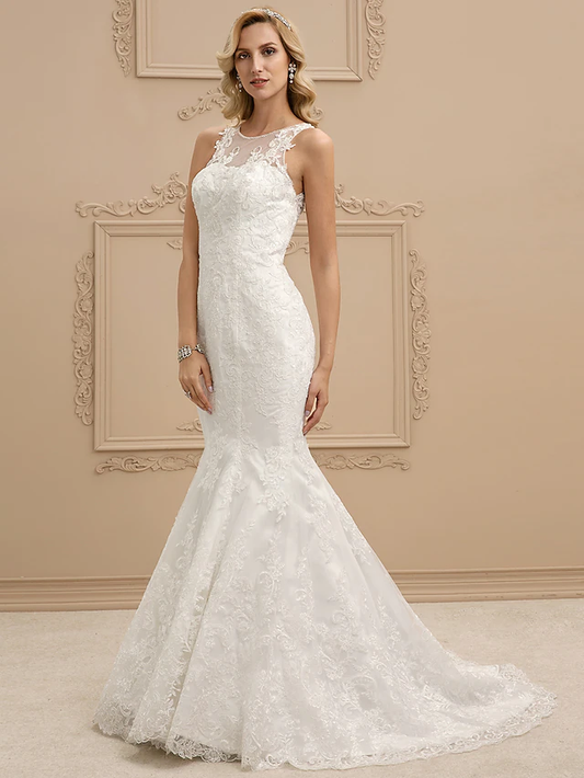 Wedding Dresses Bateau Neck All Over Lace Regular Straps Sexy Illusion Detail Backless with Beading