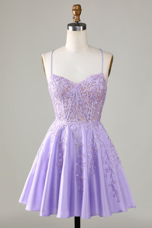 Purple Corset A-Line Satin Short Homecoming Dress with Lace Beautiful