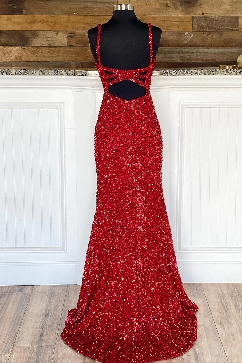 Sheath Spaghetti Straps Sequins Prom Dress with Split Front Sparkly Long