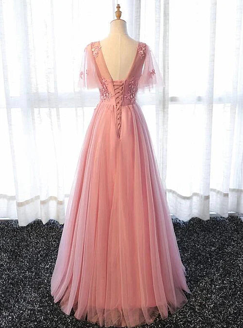 Pink Tulle A-line Long Party Dress Bridesmaid Dress A Line Short Sleeves Floor Length Prom Dress