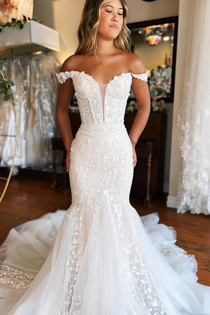 White Lace Off-the-Shoulder Trumpet Wedding Dress Sexy