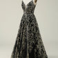 Black Golden A Line Spaghetti Straps Long Prom Dress V-neck Floor Length