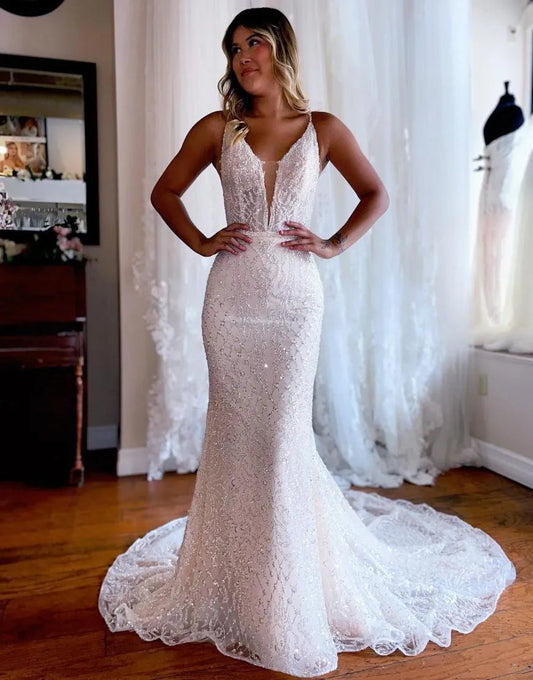 Mermaid Deep V Neck Wedding Dress Sparkly Sexy Long