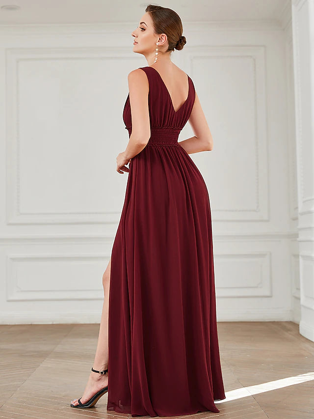 A-Line Evening Gown Minimalist Dress Wedding Guest Floor Length Sleeveless V Neck Chiffon