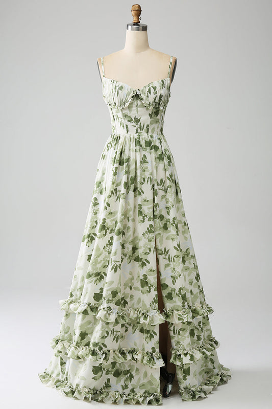 Green A-Line Spaghetti Straps Printed Floor Length Dress With Slit Beautiful