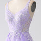 Lilac A-Line Spaghetti Straps Tulle Long Prom Dress with Appliques Beautiful