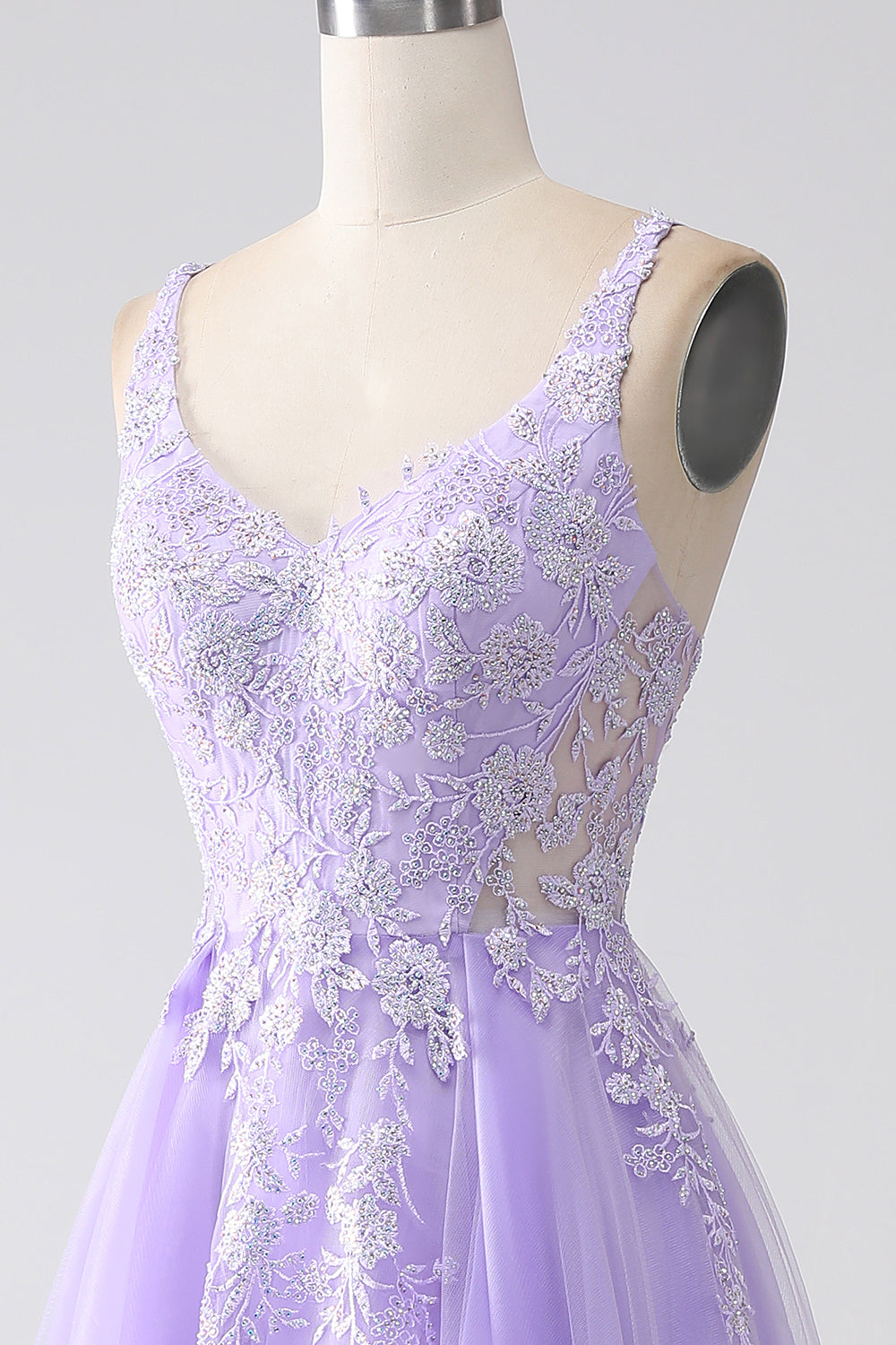 Lilac A-Line Spaghetti Straps Tulle Long Prom Dress with Appliques Beautiful