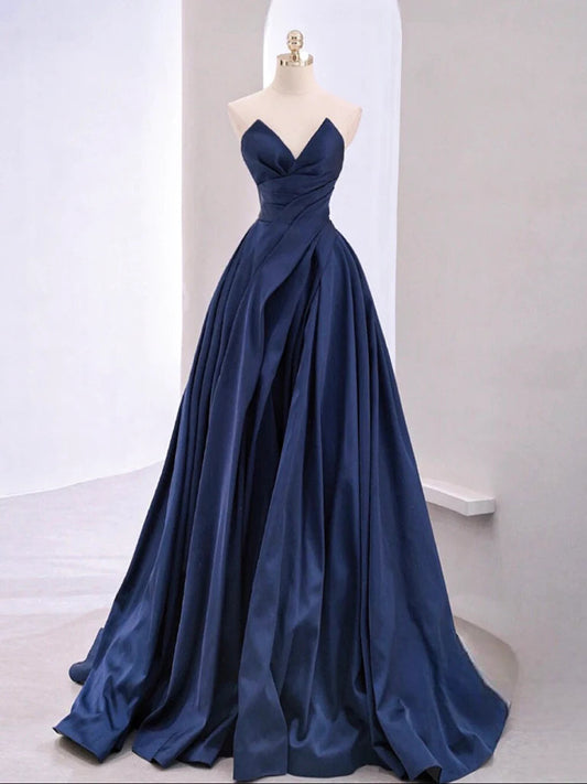 A-Line V Neck Satin Long Prom Dress Pure Color