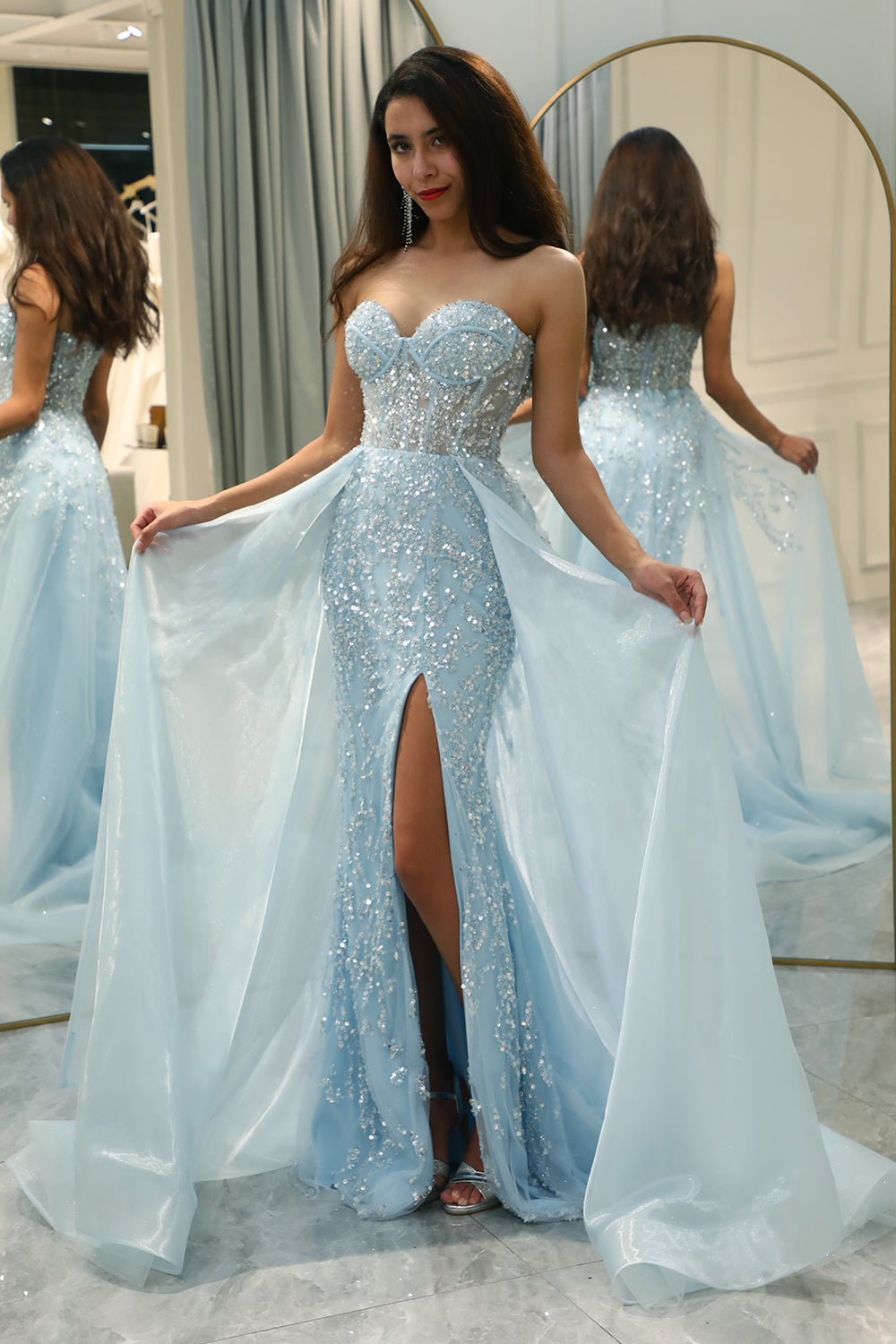 Glitter Light Blue Long Corset Beaded Prom Dress With Slit Off Shoulder Sparkly