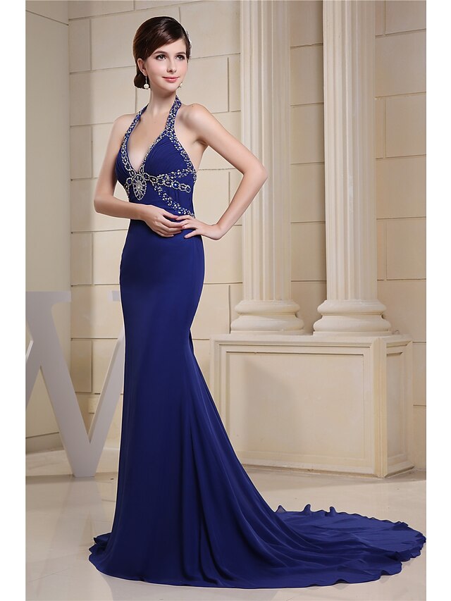 Mermaid / Trumpet Evening Gown Sparkle Dress Engagement Chapel Train Sleeveless Halter Chiffon