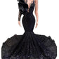 Mermaid / Trumpet Evening Gown Floral Dress Formal Chapel Train Long Sleeve One Shoulder African American Sequined