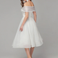 A-Line White Elegant Engagement Cocktail Party Dress Off Shoulder Sleeveless Tea Length Organza with Criss Cross