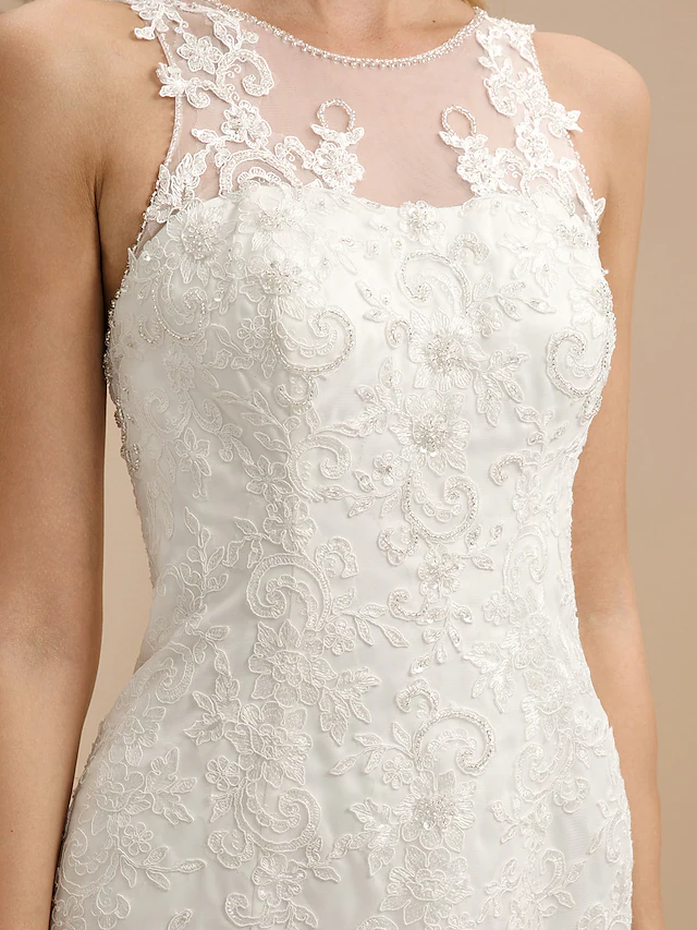 Wedding Dresses Bateau Neck All Over Lace Regular Straps Sexy Illusion Detail Backless with Beading