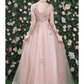 A-Line Cut Out Floral Prom Formal Evening Dress High Neck Long Sleeve Floor Length Organza