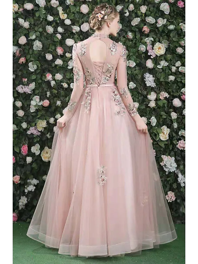 A-Line Cut Out Floral Prom Formal Evening Dress High Neck Long Sleeve Floor Length Organza