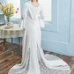 A-Line Wedding Dresses V Neck Chapel Train Lace Italy Satin Long Sleeve Vintage Plus Size with Pleats Lace